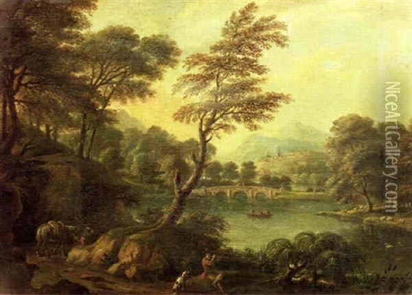 A River Landscape With A Traveller Resting On A Track Oil Painting - Copleston Warre Bampfylde