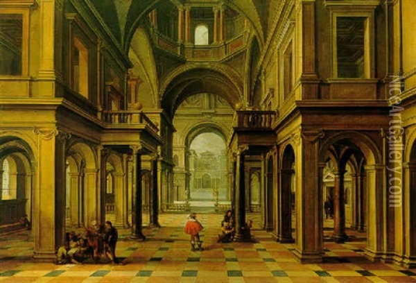 A Renaissance Church Interior With Figures Studying Architectural Plans And Measuring A Column Oil Painting - Bartholomeus Van Bassen