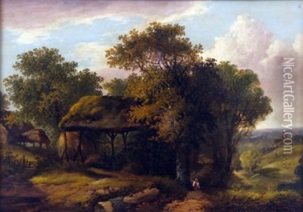 Figure In Woodland By A Barn Oil Painting - John Berney Ladbrooke