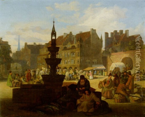 A Busy Marketplace Oil Painting - Jacob Gensler
