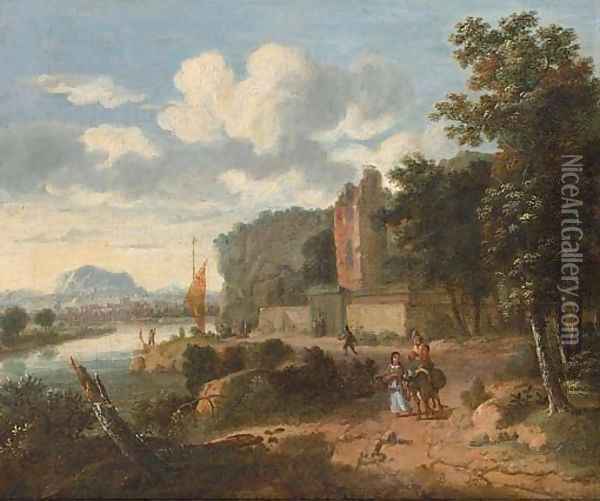 An extensive river landscape with figures on a track, ruins and a town beyond Oil Painting - Dionys Verbrugh