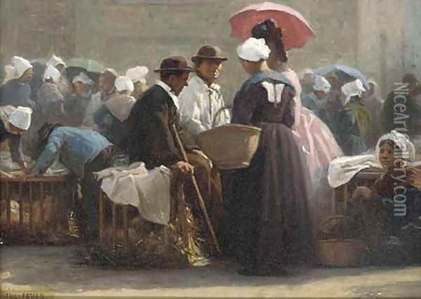 Morning banter at the market Oil Painting - Jacques-Eugene Feyen