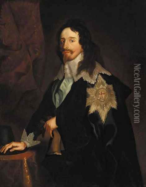 Portrait of King Charles I, three-quarter-length, in a dark blue coat with lace collar and cuffs, wearing the Order of the Garter Oil Painting - Sir Anthony Van Dyck