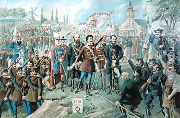 Sandor Petofi 1823-49 and his famous proclamation of Talpra Magyar on the 15 March 1848 Oil Painting - Laszlo, Bellony