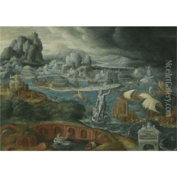 Classical Landscape With Ships Running Before A Storm Towards A Classical Harbor, Probably Corinth Oil Painting - Maerten Jacobsz van Heemskerck