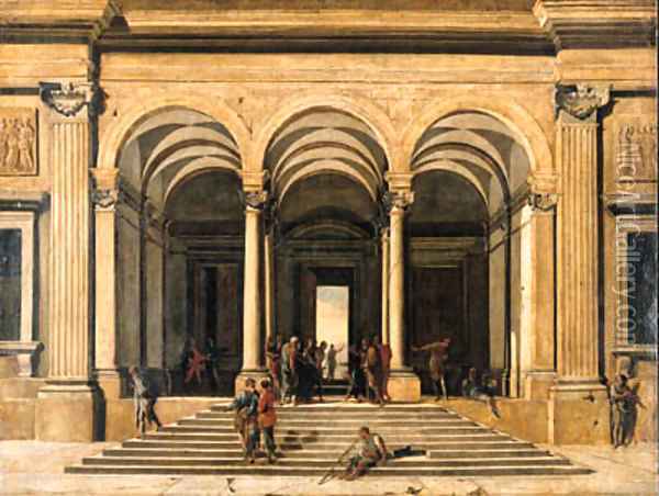 A classical loggia with Christ and the Woman taken in Adultery Oil Painting - Viviano Codazzi