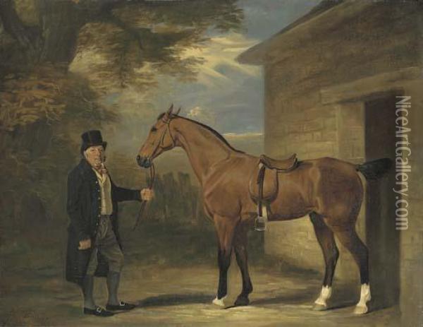 A Gentleman With A Bay Hunter Outside A Stable Oil Painting - John Snr Ferneley