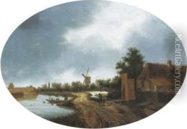 A River Landscape With Travellers On A Path, A Windmillbeyond Oil Painting - Roelof van Vries