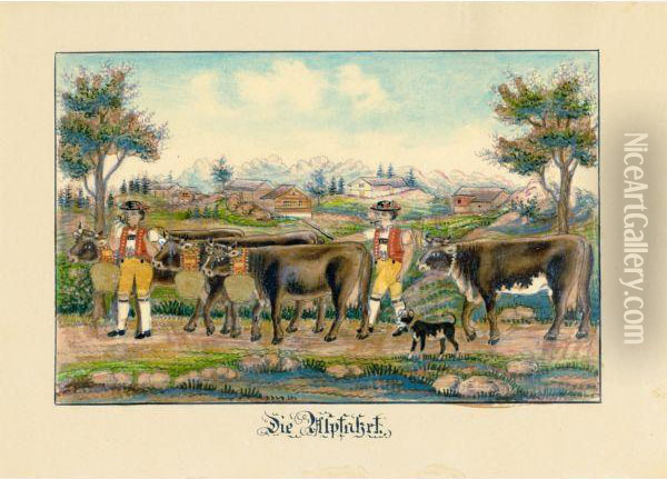 Die Alpfahrt 
 The Cattle Lift Oil Painting - Anna Barbara Aemisegger-Giezendanner