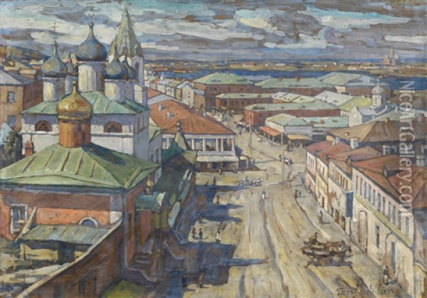View Of The Church Of St John The Baptist From Rozhdestvenskaya Street, Nizhniy Novgorod Oil Painting - Petr Ivanovich Petrovichev