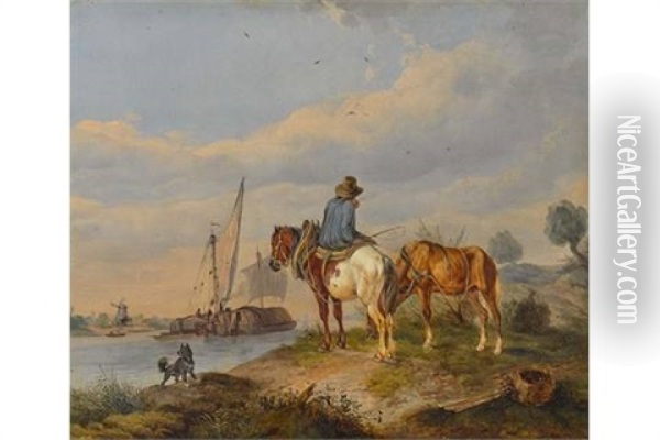 Bauer Mit Pferden In Niederlandischer Kanallandschaft Oil Painting - Wilhelm Melchior