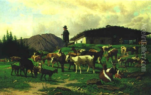 Ziegenherde Auf Der Hochalm Oil Painting - Josef Zuernich