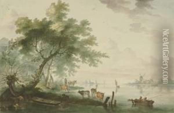 2 Bll.: Flusslandschaften Mit Vieh Und Booten. Oil Painting - Franciscus Xaverius Xavery