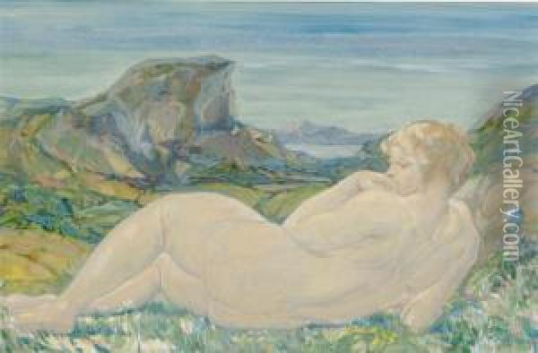 Reclining Nude In A Landscape; And A Companion Drawing Oil Painting - Frank J. Van Sloun