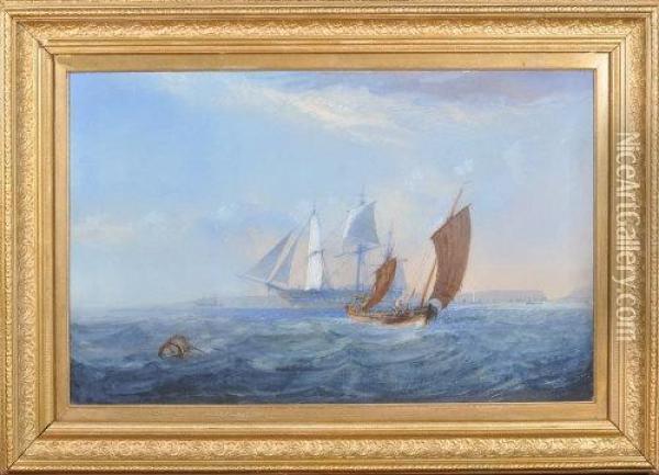 A Lugger, A Warship And Other Sailing Vessels Off A Coast Oil Painting - John Wilson Carmichael