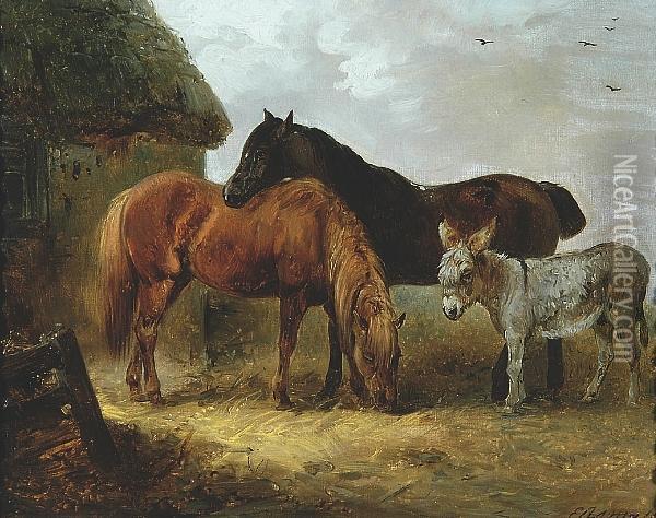 Horses And A Donkey Oil Painting - Edward Robert Smythe