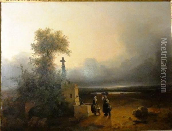 Paysannes Pres D'un Calvaire Dans Un Paysage Oil Painting - Charles Ferdinand De La Roche