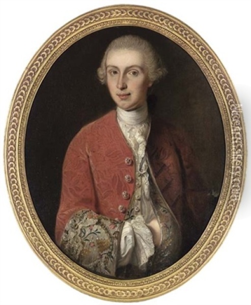 Portrait Of A Gentleman In Wig And Red Embroidered Coat Oil Painting - Philip Mercier