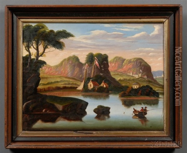 River Valley With Fishermen, Cottages And Distant Castle Oil Painting - Thomas Chambers