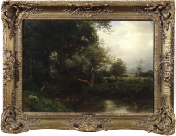 Baumgesaumter Bachlauf Mit Anglern. Im Hintergrund Weiter Blick In Die Landschaft Oil Painting - Philipp Roeth