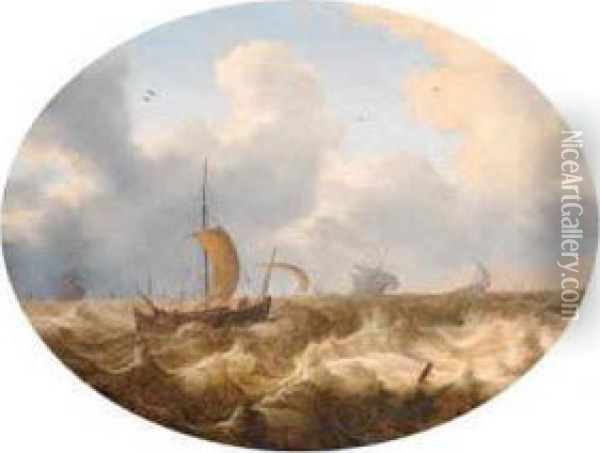 A Smalschip Running Before The Wind Offshore, Other Shippingbeyond, As A Storm Approaches Oil Painting - Cornelis Stooter