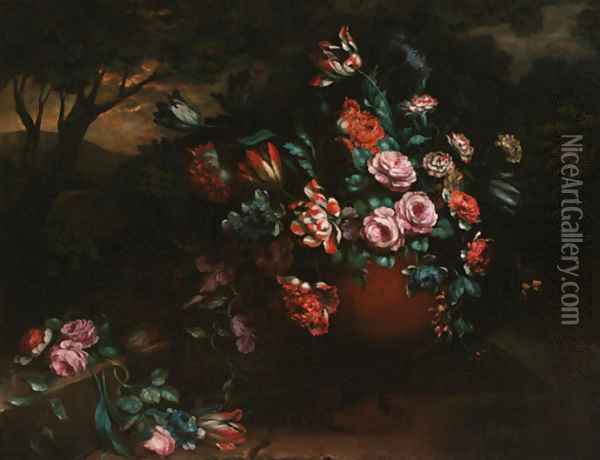 Parrot tulips, roses and carnations in an urn before a wooded landscape Oil Painting - French School