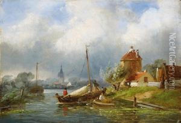 Flusslandschaft Mitsegelbooten Oil Painting - Charles Henri Leickert