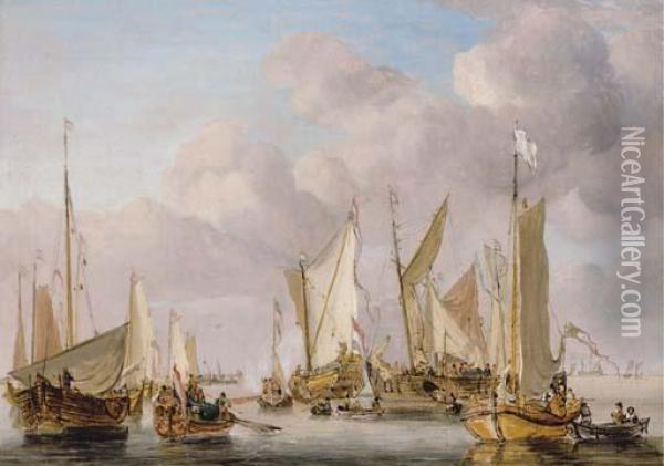 Dutch Yachts And Vessels Preparing To Sail Oil Painting - Willem van de, the Elder Velde