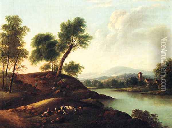 Herdsmen resting with their Herds in a mountainous River Landscape Oil Painting - Dutch School
