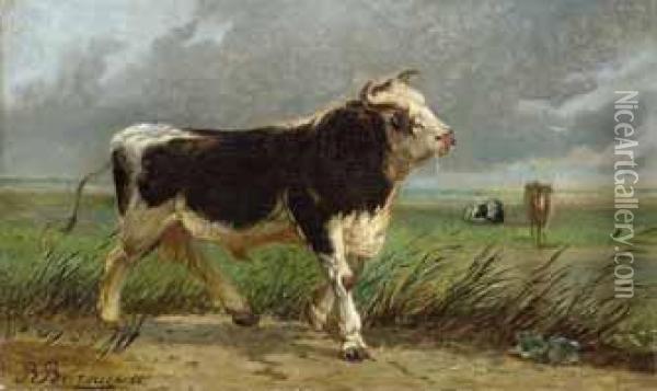 Stier Vor Gewitterlandschaft, Im Hintergrund Weidende Kuhe. Oil Painting - Richard Burnier