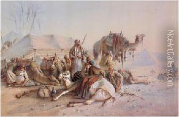 Halt In The Desert Near The Pyramids Oil Painting - Joseph-Austin Benwell