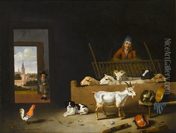 A Barn Interior With Sheep, A Goat, A Dog, A Cockerel And A Farmer, With A Boy In The Doorway, A View To A Village Beyond Oil Painting - Hubert van Ravesteyn