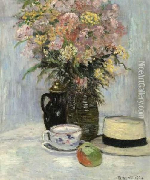 Nature Morte Au Bouquet De Fleurs Et Chapeau De Paille Oil Painting - Louis Thevenet