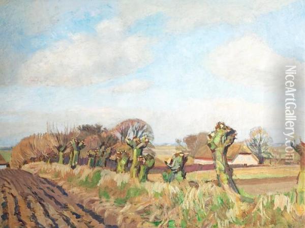 A Sunny Fall Landscape With Pollarded Trees. Signed Monogram 1930-35 Oil Painting - Fritz Syberg