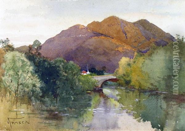 Landscape With Bridge And Mountains Oil Painting - John Arthur Fraser