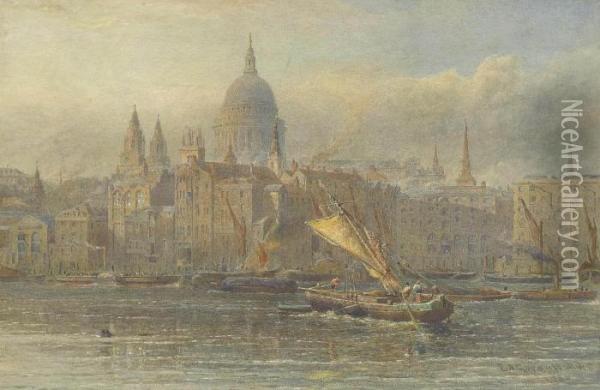 A Paddle Steamer And Barges On The Thames Before St. Paul's Cathedral Oil Painting - Edward Alfred Angelo Goodall