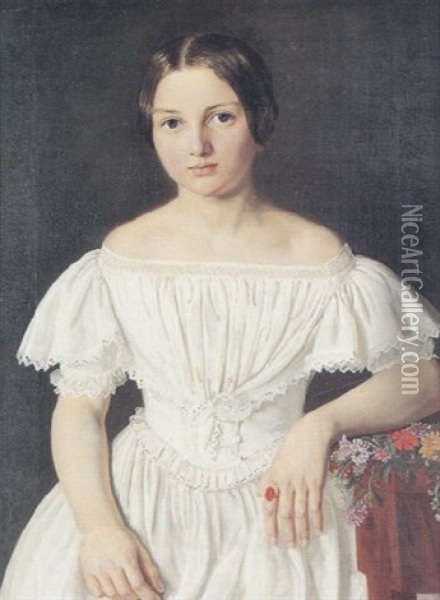 Portraet Af Marie Sophie Bruun, Senere Gift Johns, I Hvid Kjole Med Flaeser Oil Painting - Dankvart-Christian-Magnus Dreyer