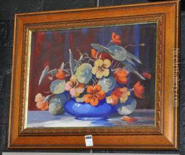 Still Life Of Flowers In A Blue Vase Oil Painting - Thomas, Tom Campbell