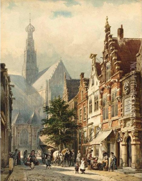 Many Figures In The Streets Of Haarlem Oil Painting - Cornelis Springer