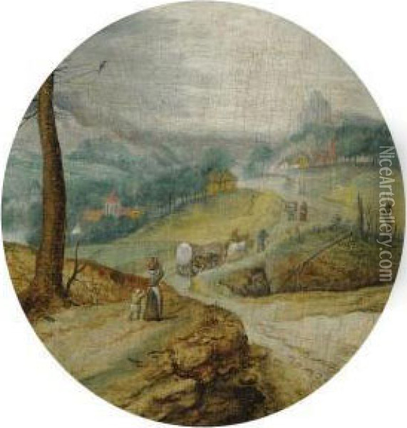 Peasants With A Horse Drawn Wagon On A Country Road, A View Of Avillage Beyond Oil Painting - Jacob Grimmer