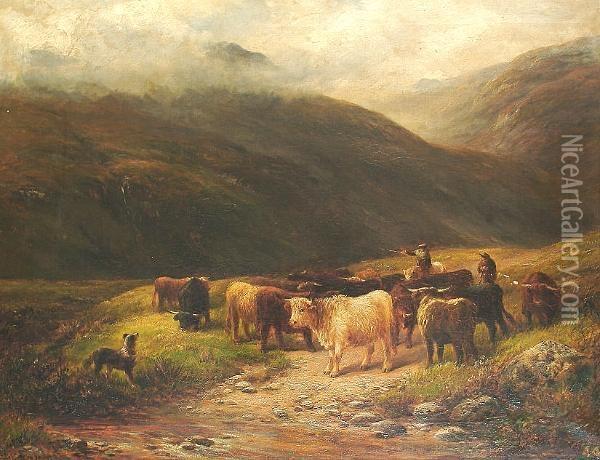'a Highland Drove'. Oil Painting - George Turner