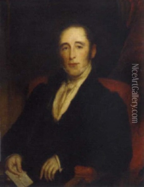 Portrait Of A Gentleman In A Black Jacket And Cravat, Holding A Letter In His Right Hand Oil Painting - John Partridge