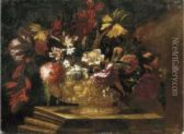 Flowers In A Decorative Gold Vase On A Stone Plinth Oil Painting - Giuseppe Recco