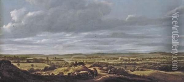 An Extensive Landscape With Huntsmen Resting On A Path, A Town Beyond Oil Painting - Guillam de Vos