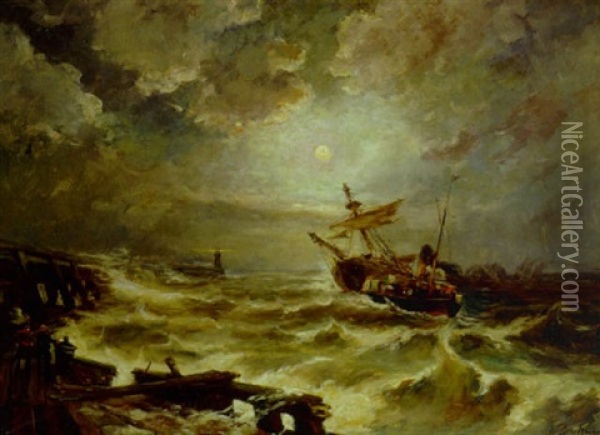 Marine, Skib I Havsnod Udfor Kyst Oil Painting - Holger Henrik Herholdt Drachmann