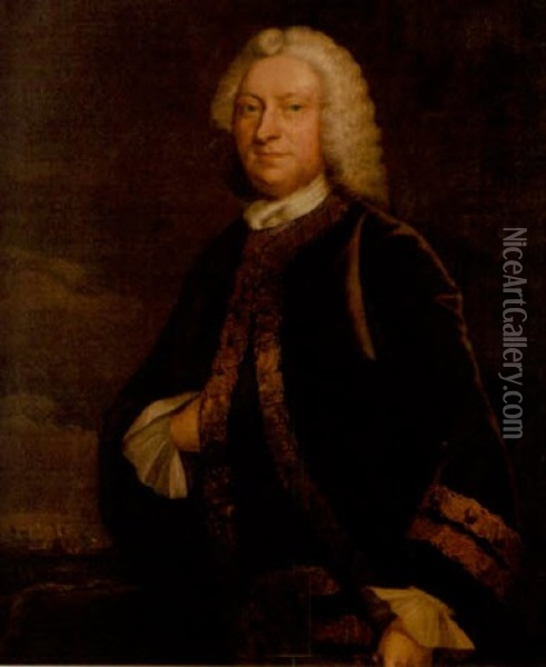 Portrait Of A Gentleman In A Brown Velvet Coat Trimmed With Gold, A Naval Batle Beyond Oil Painting - Thomas Hudson