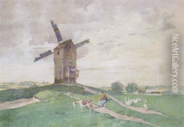 A Windmill On A Hill Oil Painting - Gilbert Von Canal