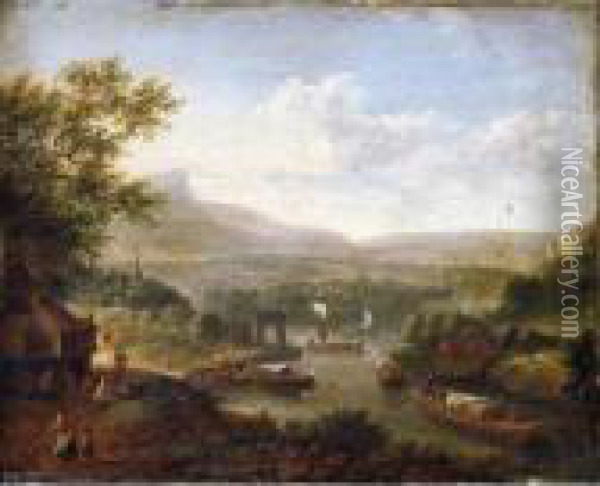 A Rhenish River Landscape With Figures Seated Outside A Tavern In The Foreground Oil Painting - Robert Griffier