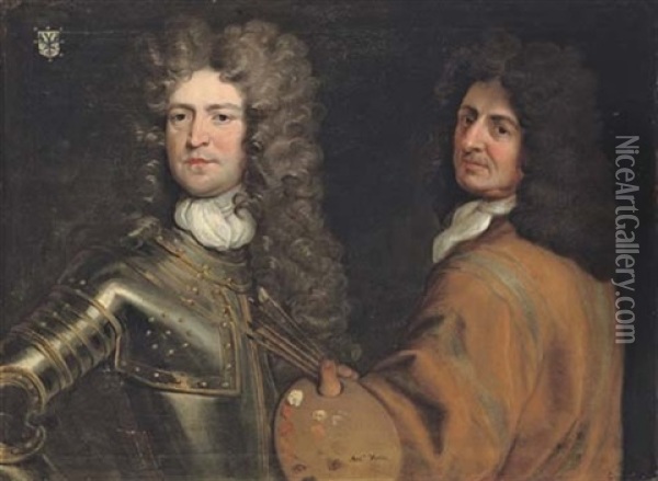Double Portrait Of The Artist In A Buff Coat, With A Palette And Brushes In His Left Hand, With Brigadier-general Robert Killigrew, In Armour Oil Painting - Antonio Verrio