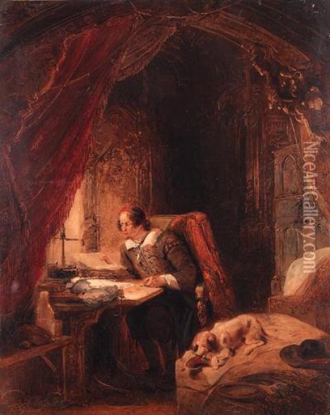 Hugo De Groot In His Study, Slot Loevensteijn Oil Painting - George Harvey